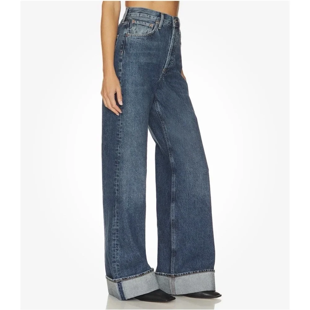 AGOLDE Dame Wide Leg Cuffed Jeans 30 High Rise Dark Wash 100% Cotton